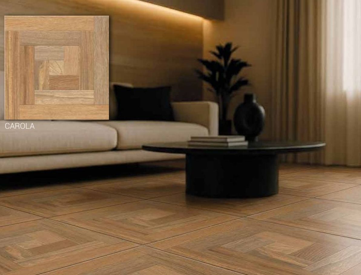 Sala con piso de madera tipo parquet Carola 60×60